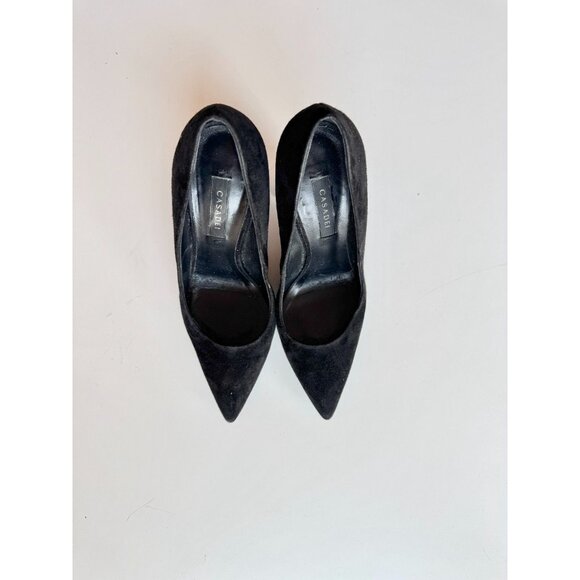 CASADEI Black Suede Leather Pointed Toe High Mirrored Block Heel Pumps, Size 36 - Picture 2 of 16